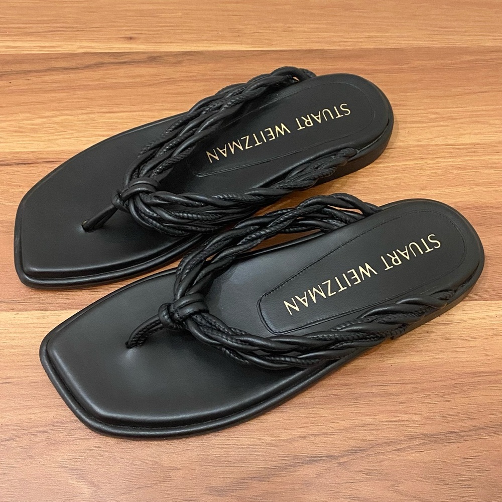 STUART WEITZMAN Calypso Black Leather Braided Square Toe Thong Sandals Size 6.5